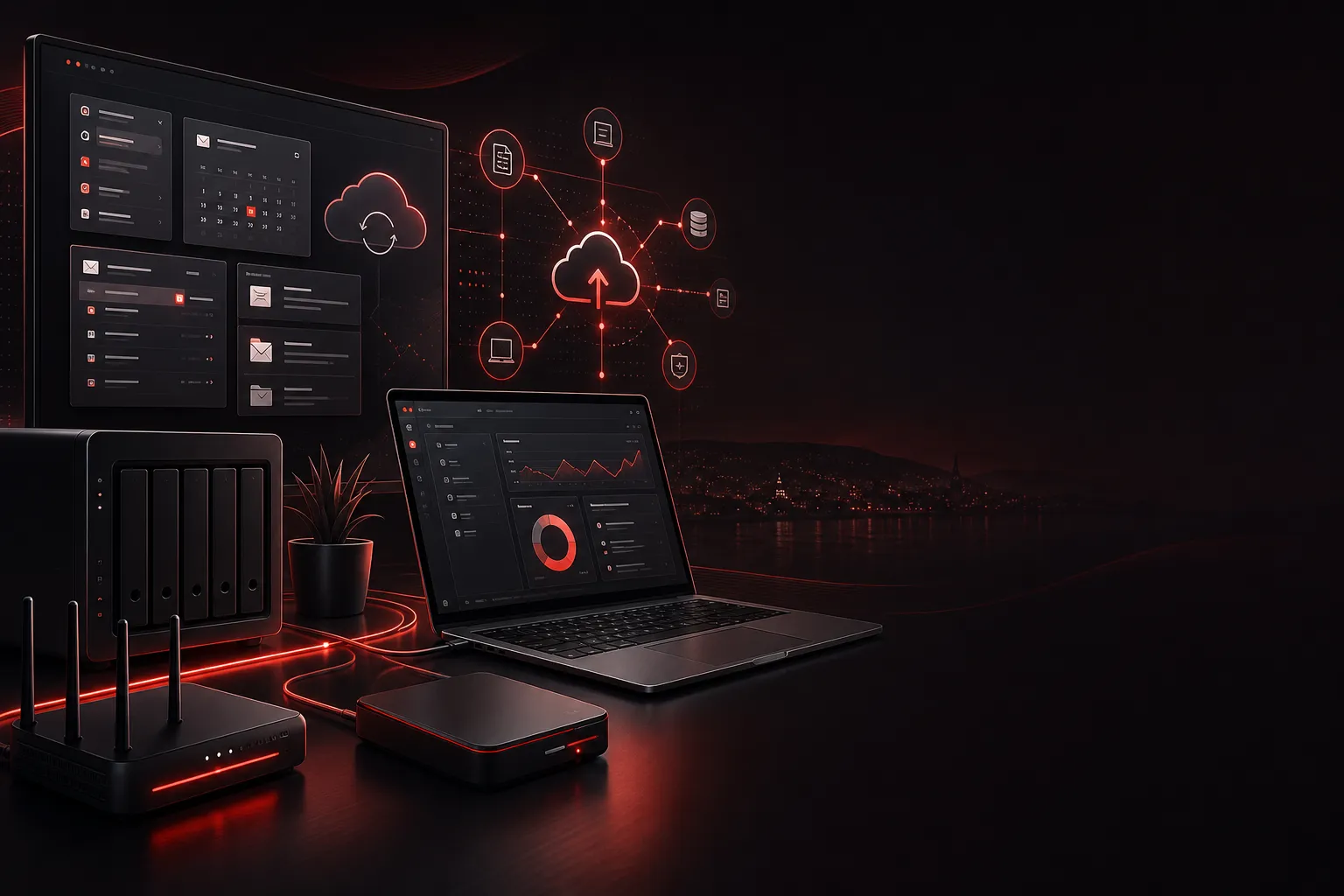 Scène moderne de support informatique local avec poste de travail, réseau, sauvegarde et assistance TI